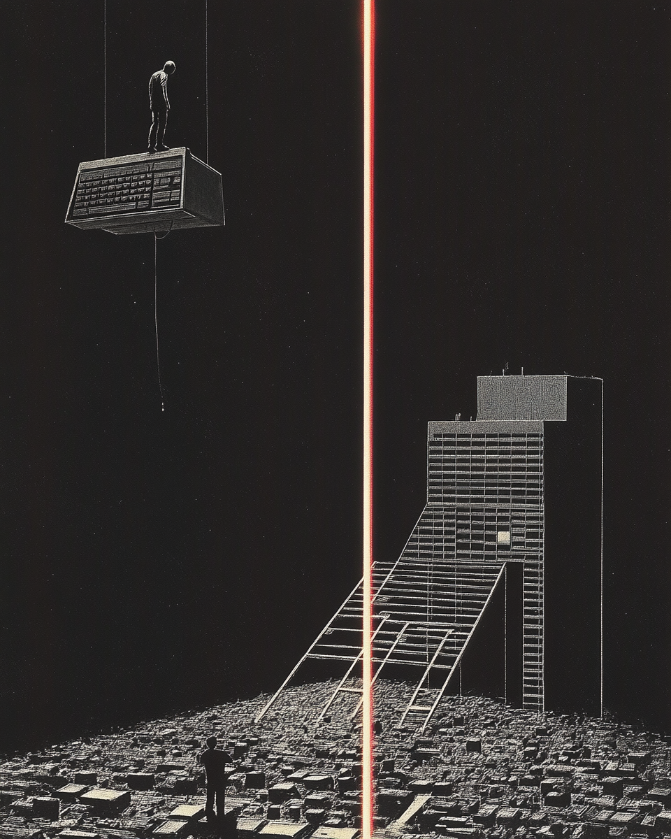 A figure standing above a monochrome city divided by a vertical red signal